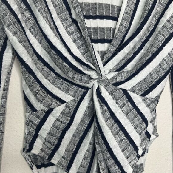 Astr Black White and Gray Striped Twist Front Plunge Neck Bodysuit M - Picture 4 of 11